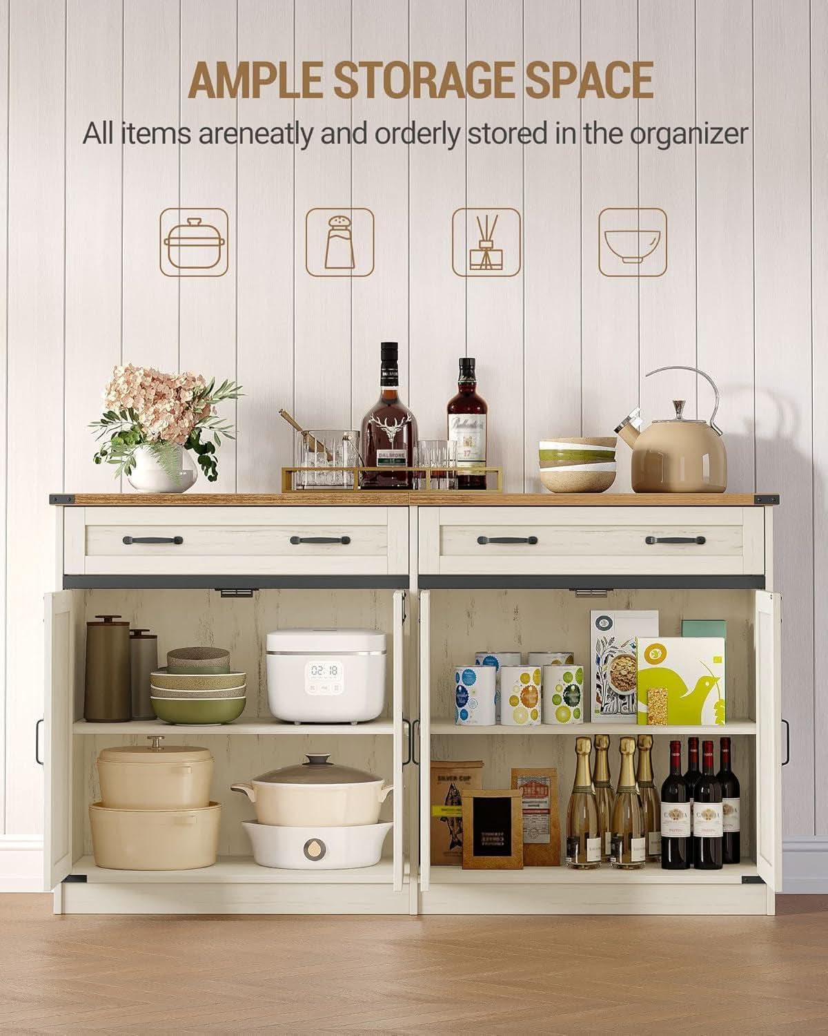 White Brown Farmhouse Buffet Cabinet Adjustable Shelves-4