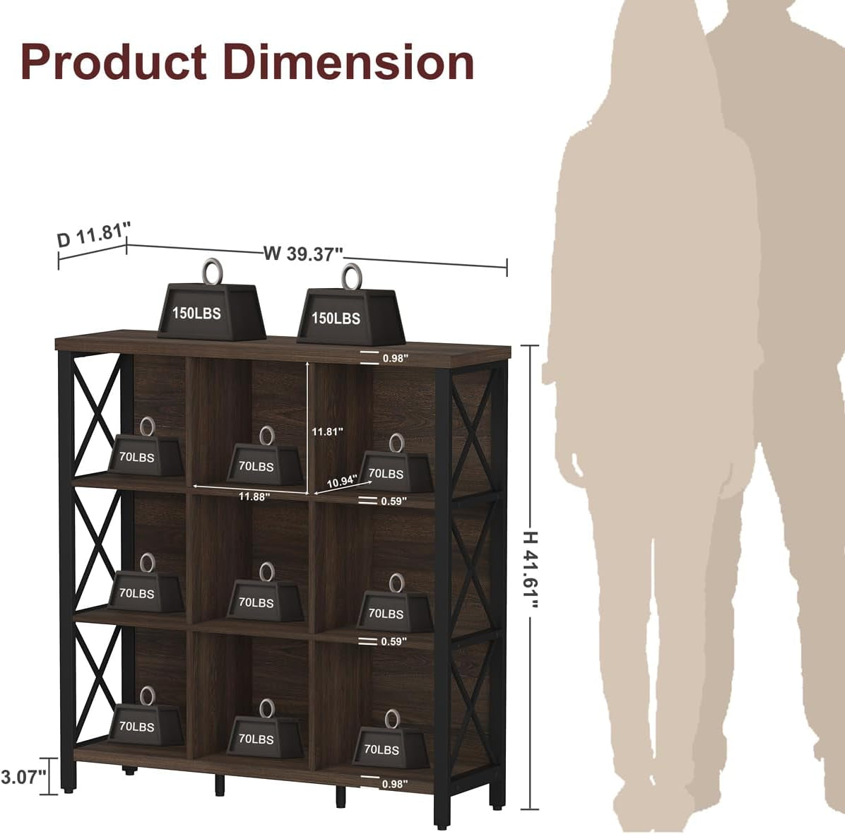 9Cube Farmhouse Bookcase Dark Walnut Wood Storage