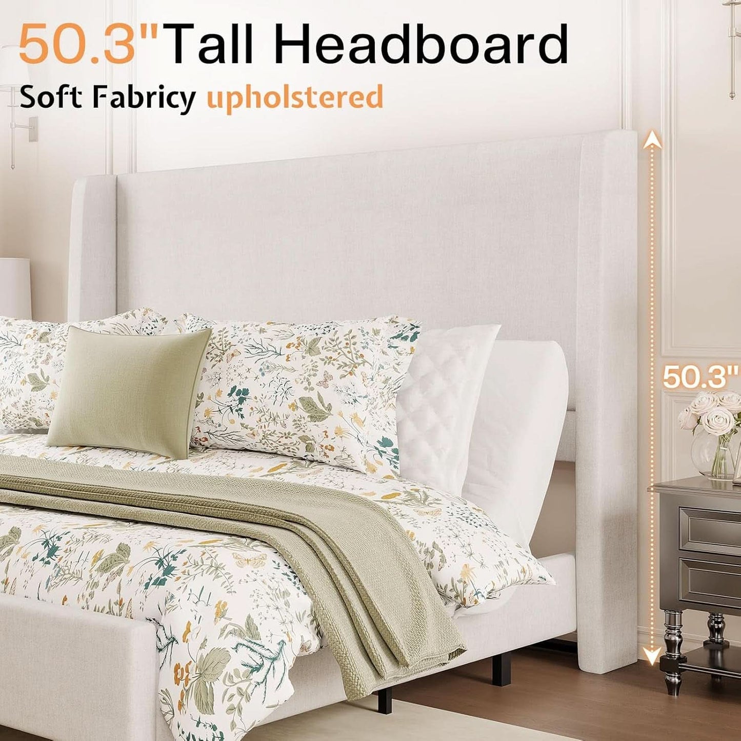 Full Size White Wing back Upholstered Head board Bed