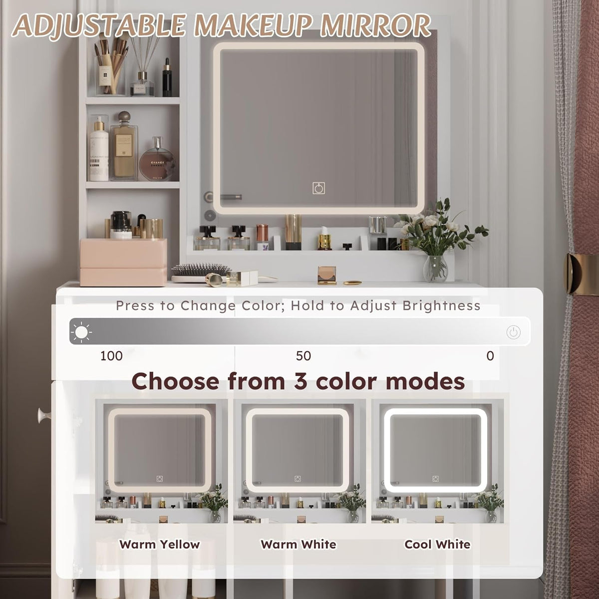 White Vanity Table Set With Extra Large Storage Drawers