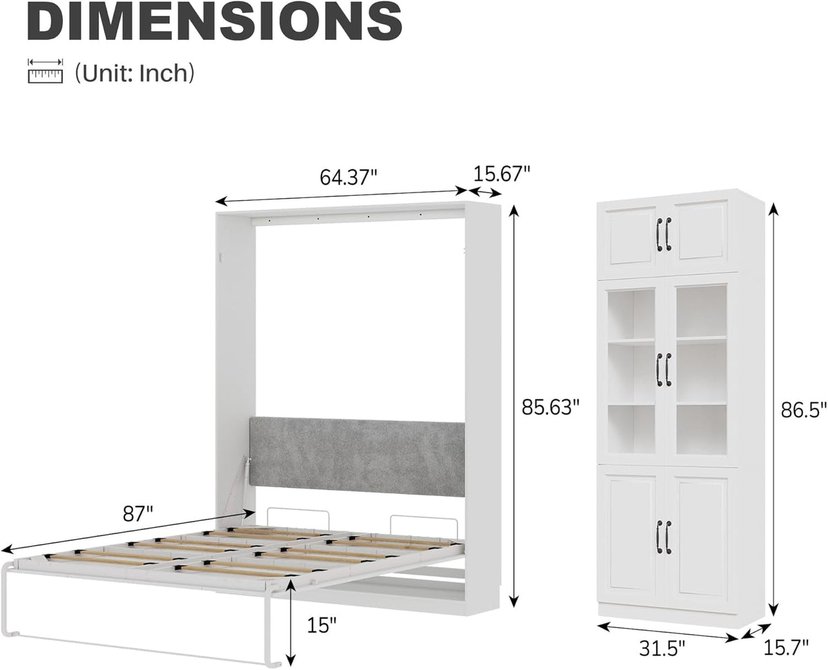 Queen Murphy Bed With Industrial Glass Cabinet White