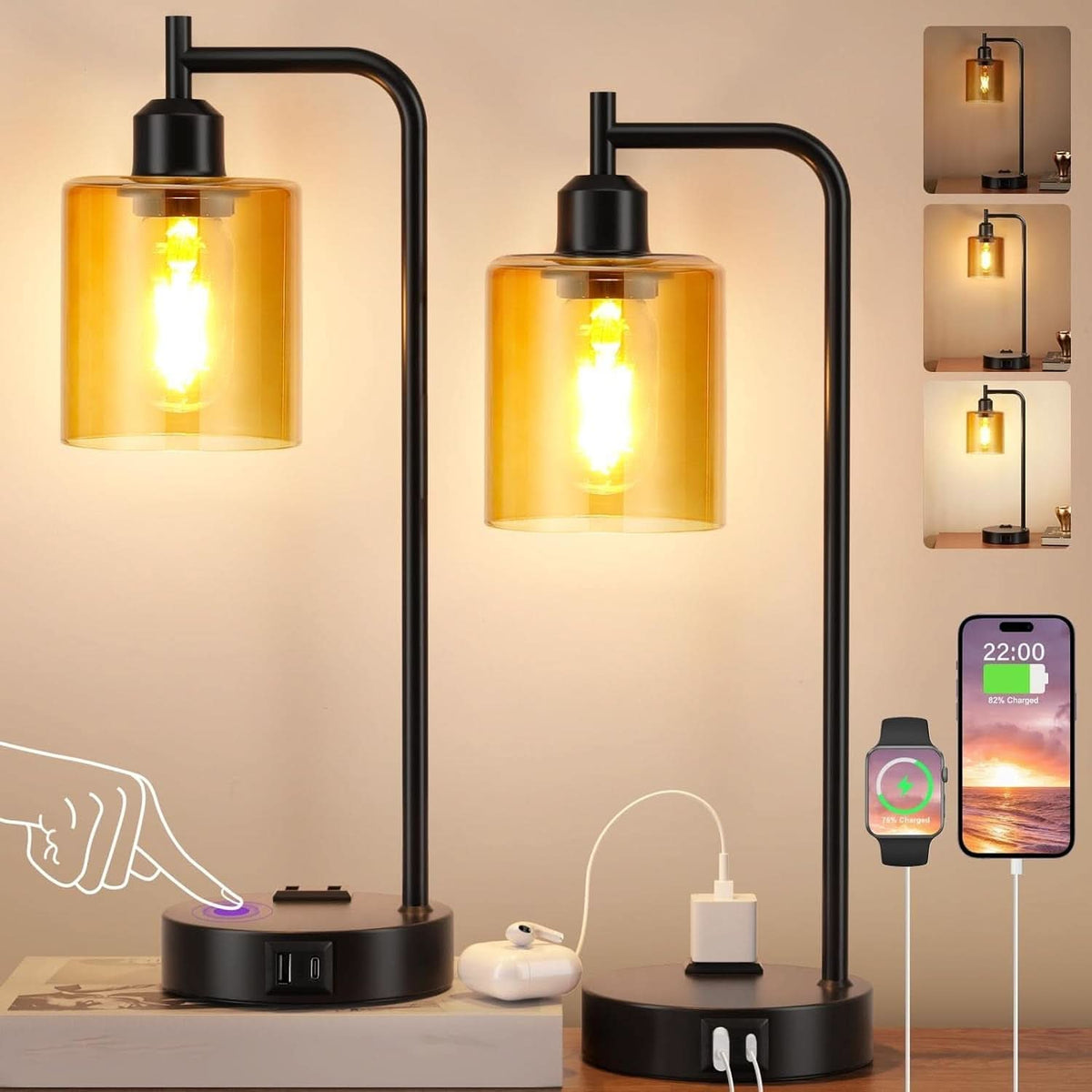 Set of 2 Nightstand Lamps 3 Way Dimmable Touch With USB Ports Amber Glass Shade