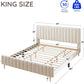 Ivory King Size Velvet Upholstered Platform Bed Frame
