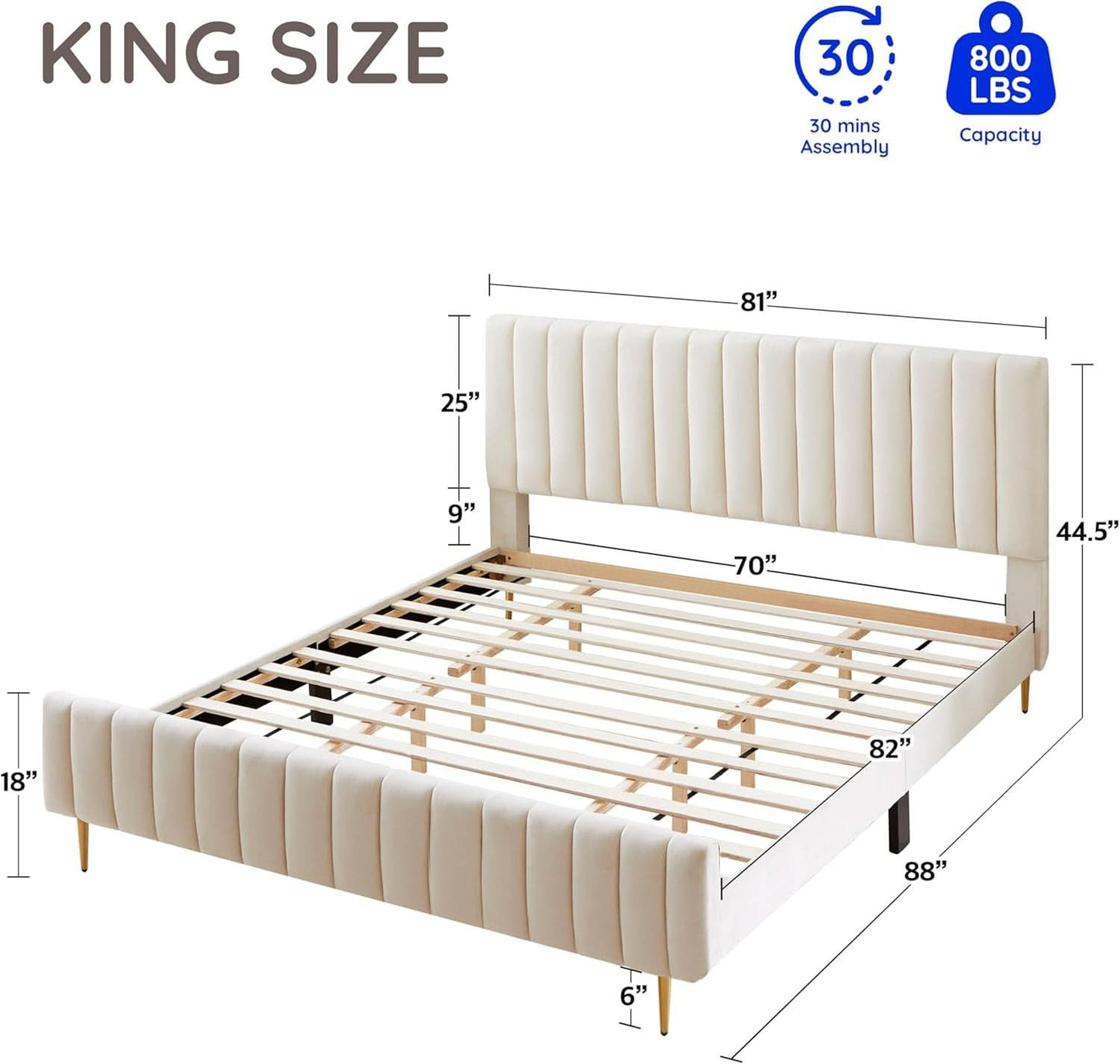 Ivory King Size Velvet Upholstered Platform Bed Frame