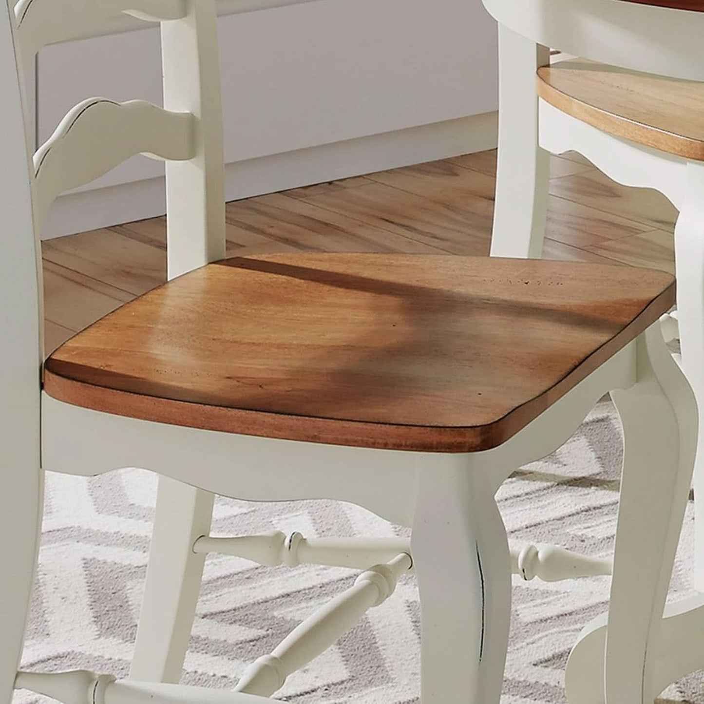 French Countryside Oak And White Pair Of Dining Chairs With Distressed Finish