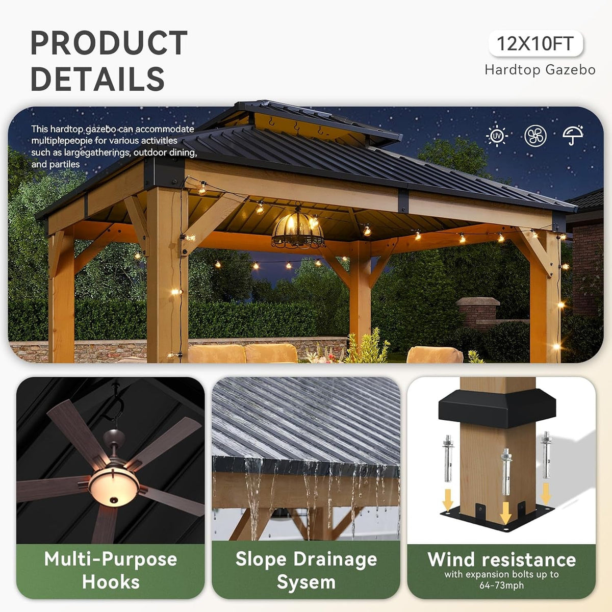 10x12 Weatherproof Natural Gazebo With Galvanized Roof