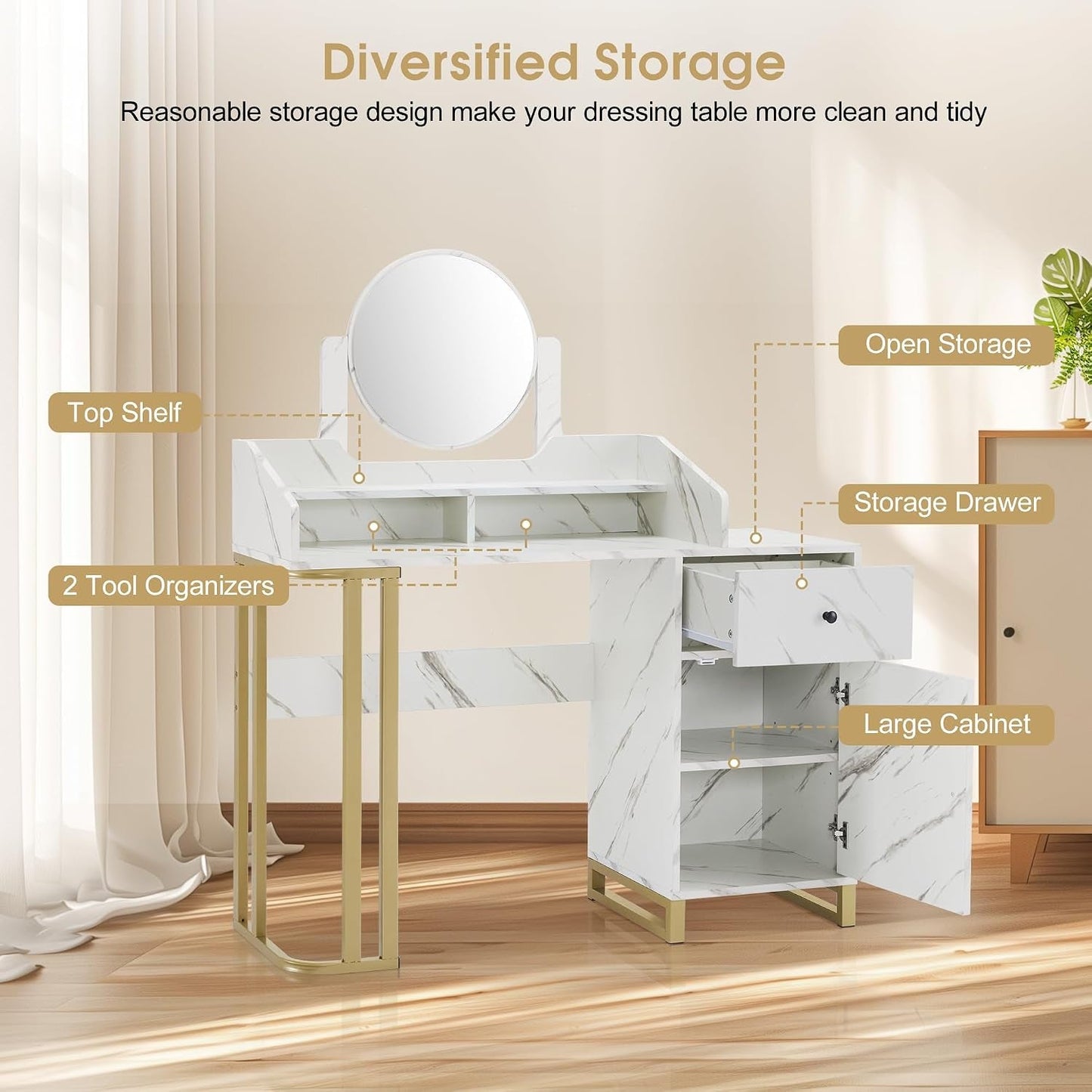 White Dressing Table Vanity Desk Adjustable Mirror