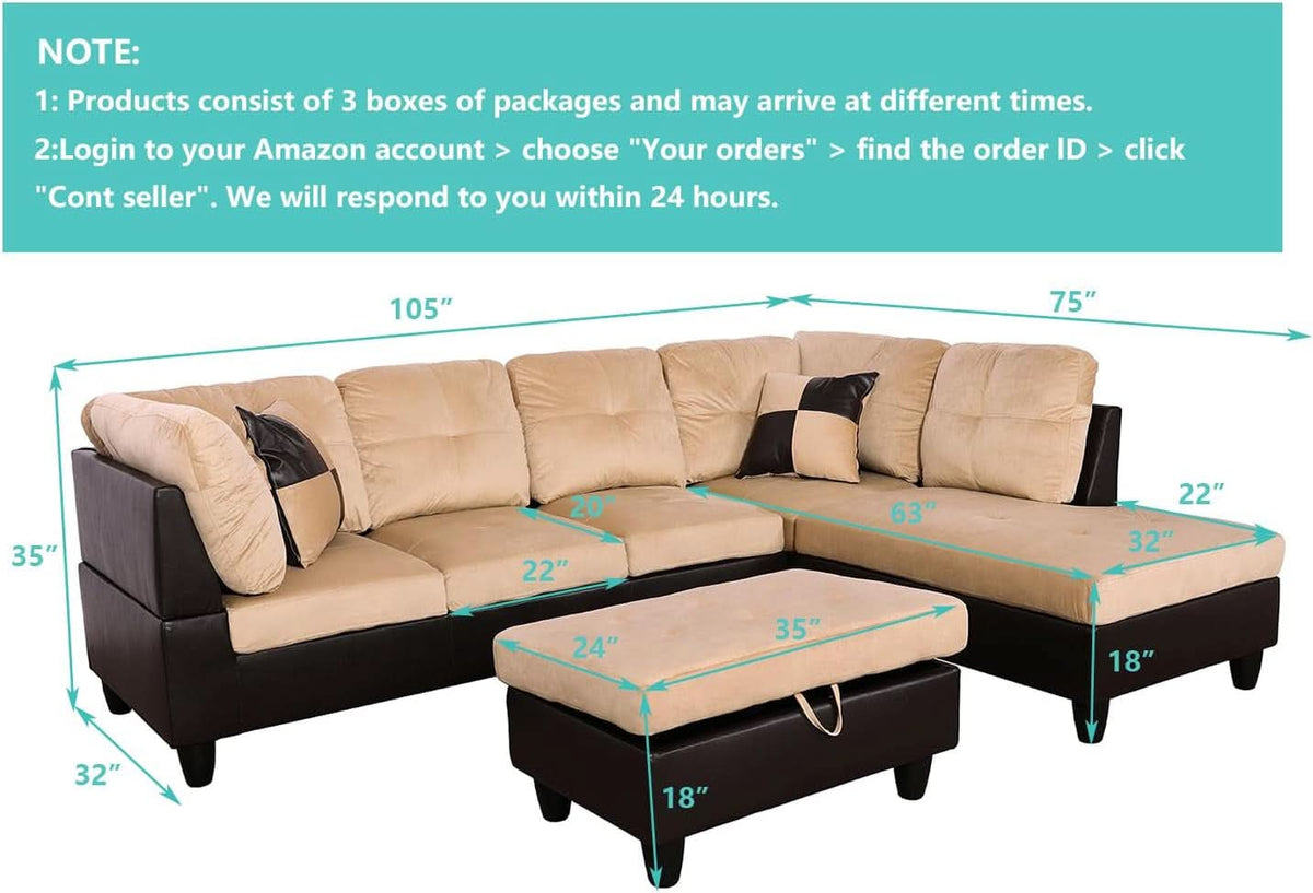 Beige 105 Inch L Shaped Sectional Sofa With Storage Ottoman