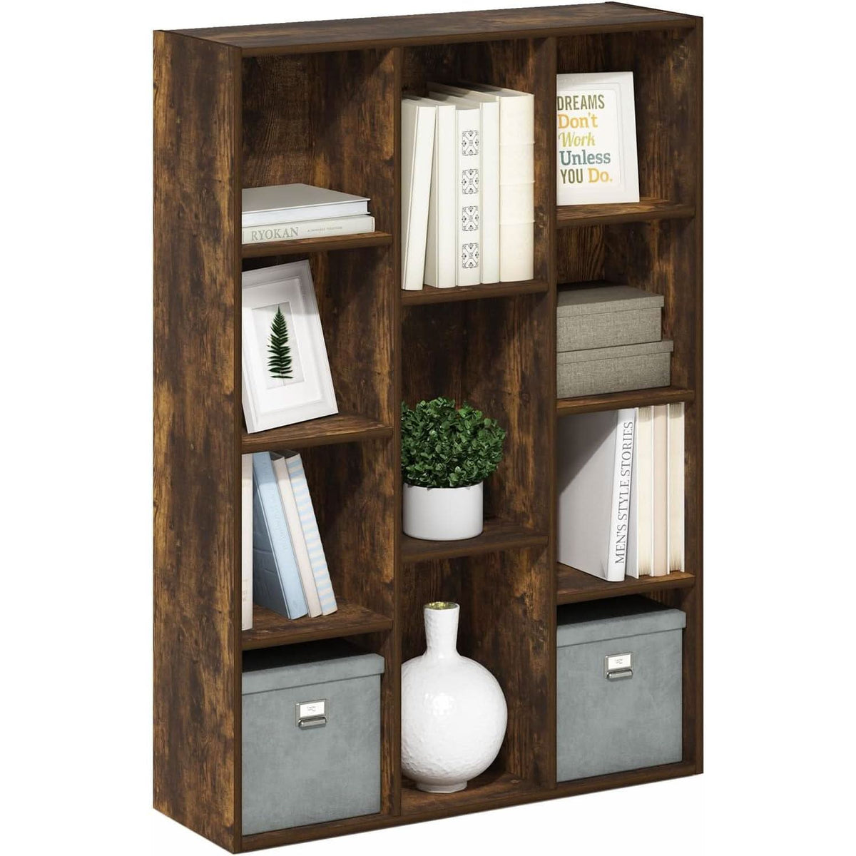 Luder 11-Cube Amber Pine Bookcase For Living Room Storage-3