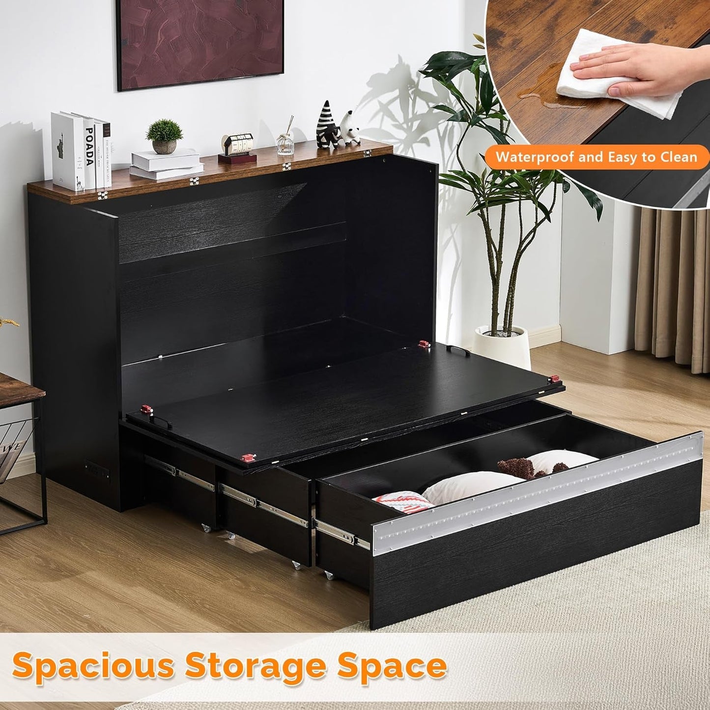 Queen Murphy Bed With Black Integrated Charging Stations Led Lighting