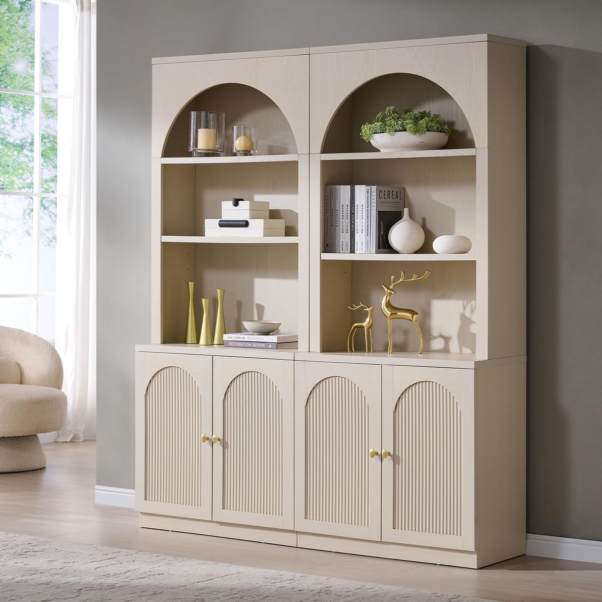 Cream Arched Fluted Bookcase With Adjustable Shelving-0