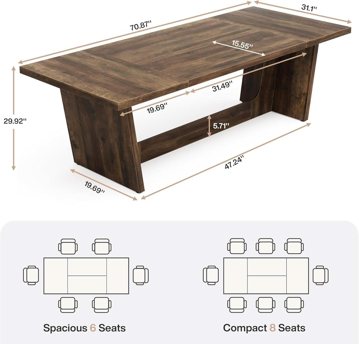 70 Inch Brown Solid Wood Rectangular Dining Table Seats Six