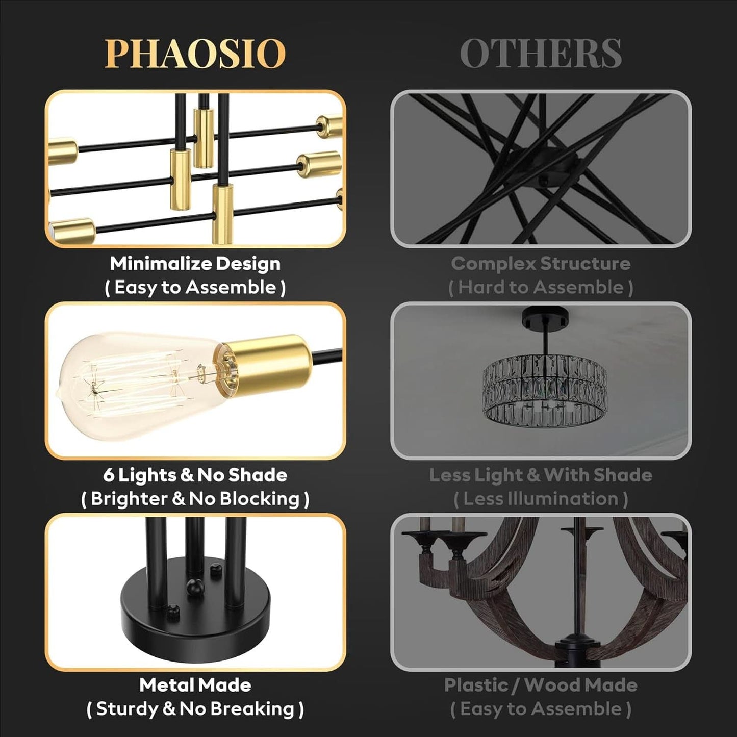 Modern Sputnik Chandelier Ceiling Light 6 Lights Black