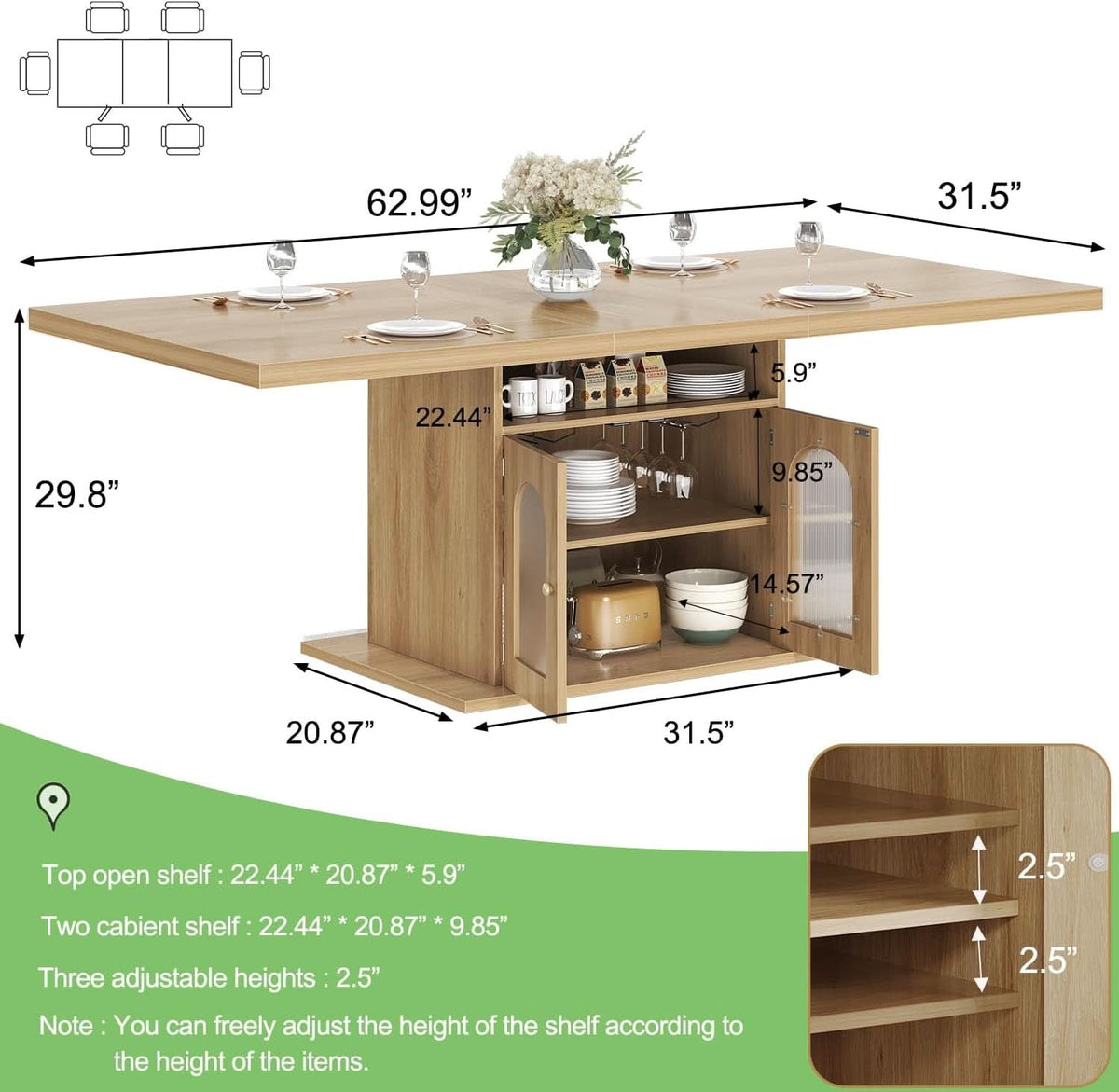 63 Inch Light Oak Farmhouse Dining Table For Four To Six