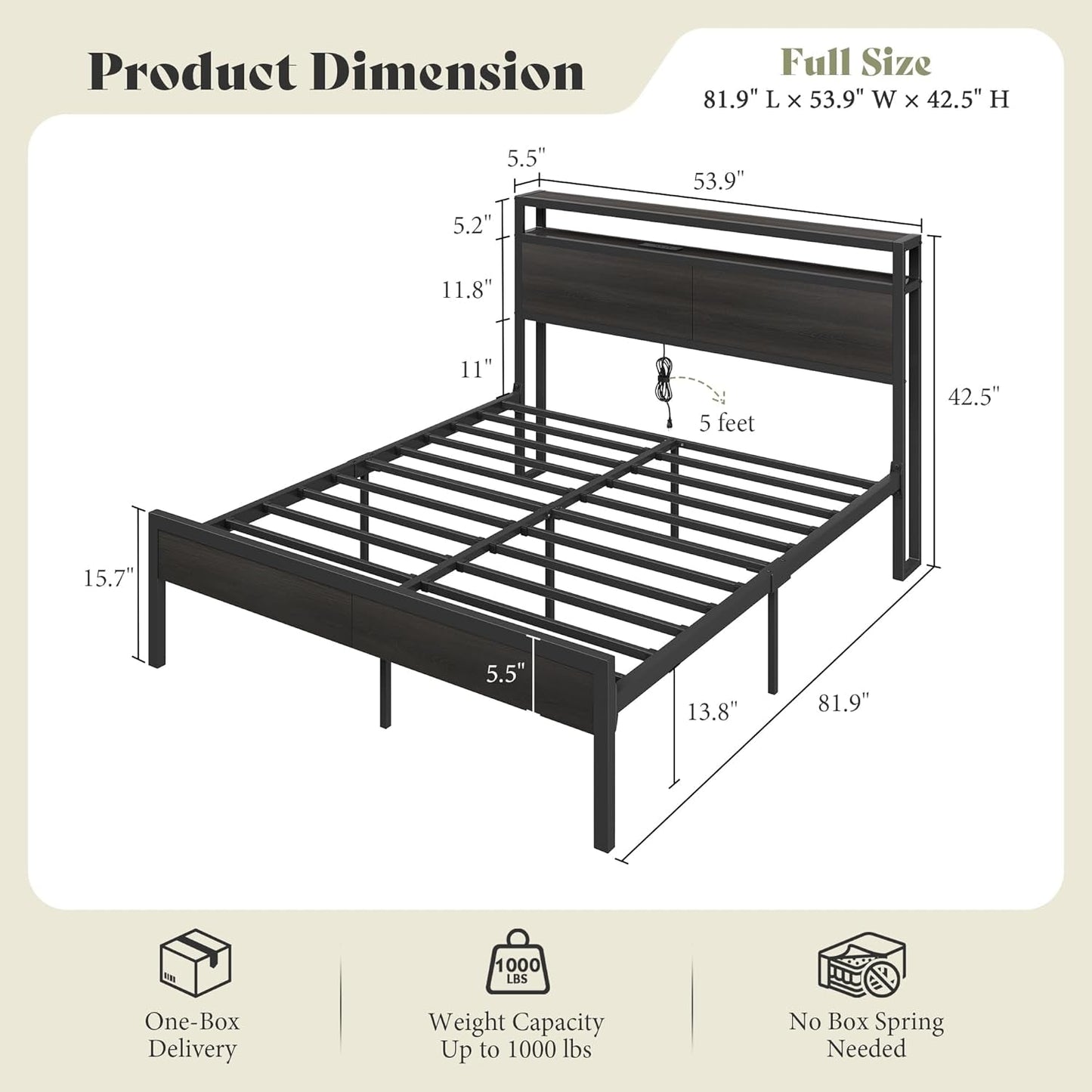 Full Standard Size Bed Frame With Storage Headboard
