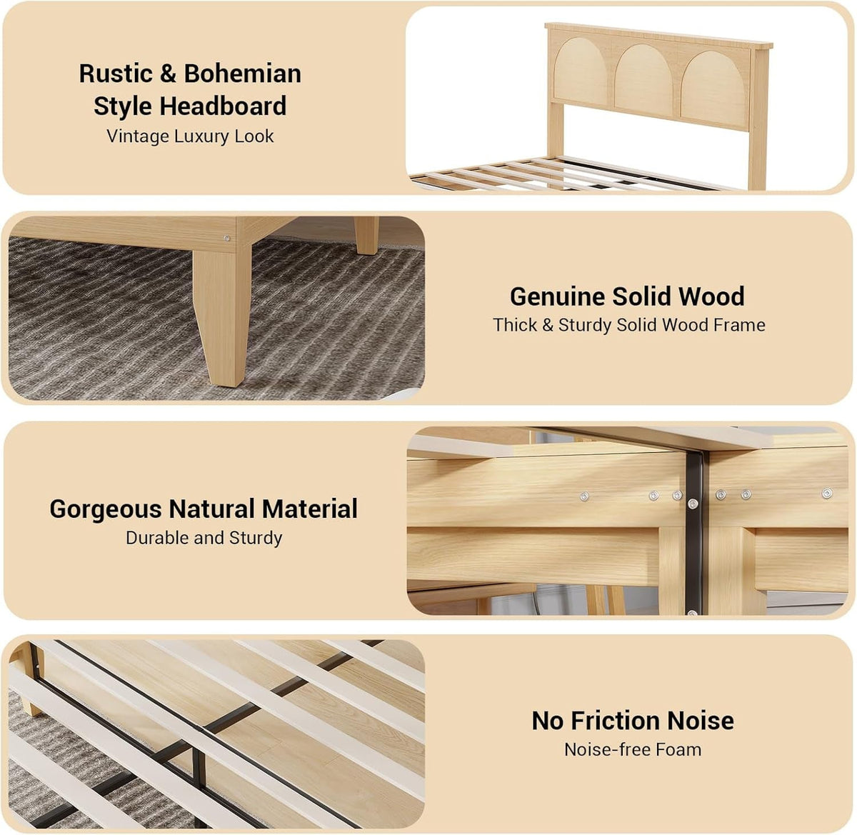 Natural Rattan Platform Bed Queen Headboard LED Underbed