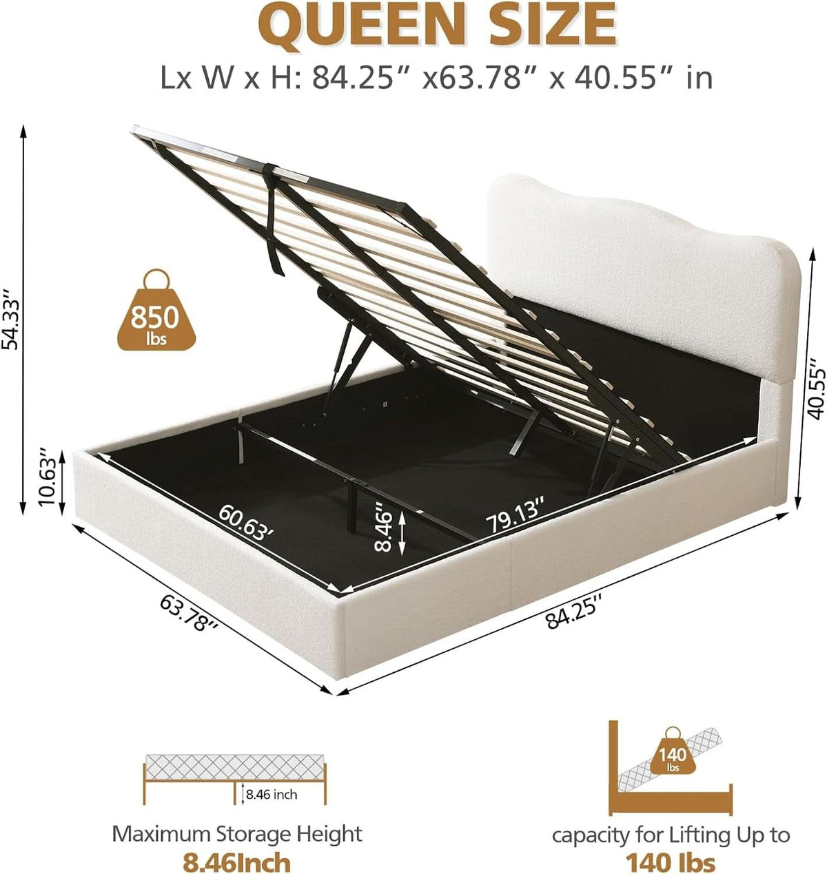 Queen Size Lift Up Storage Bed Curved Headboard Upholstered-1