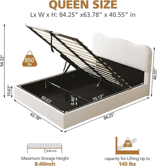Queen Size Lift Up Storage Bed Curved Headboard Upholstered-1