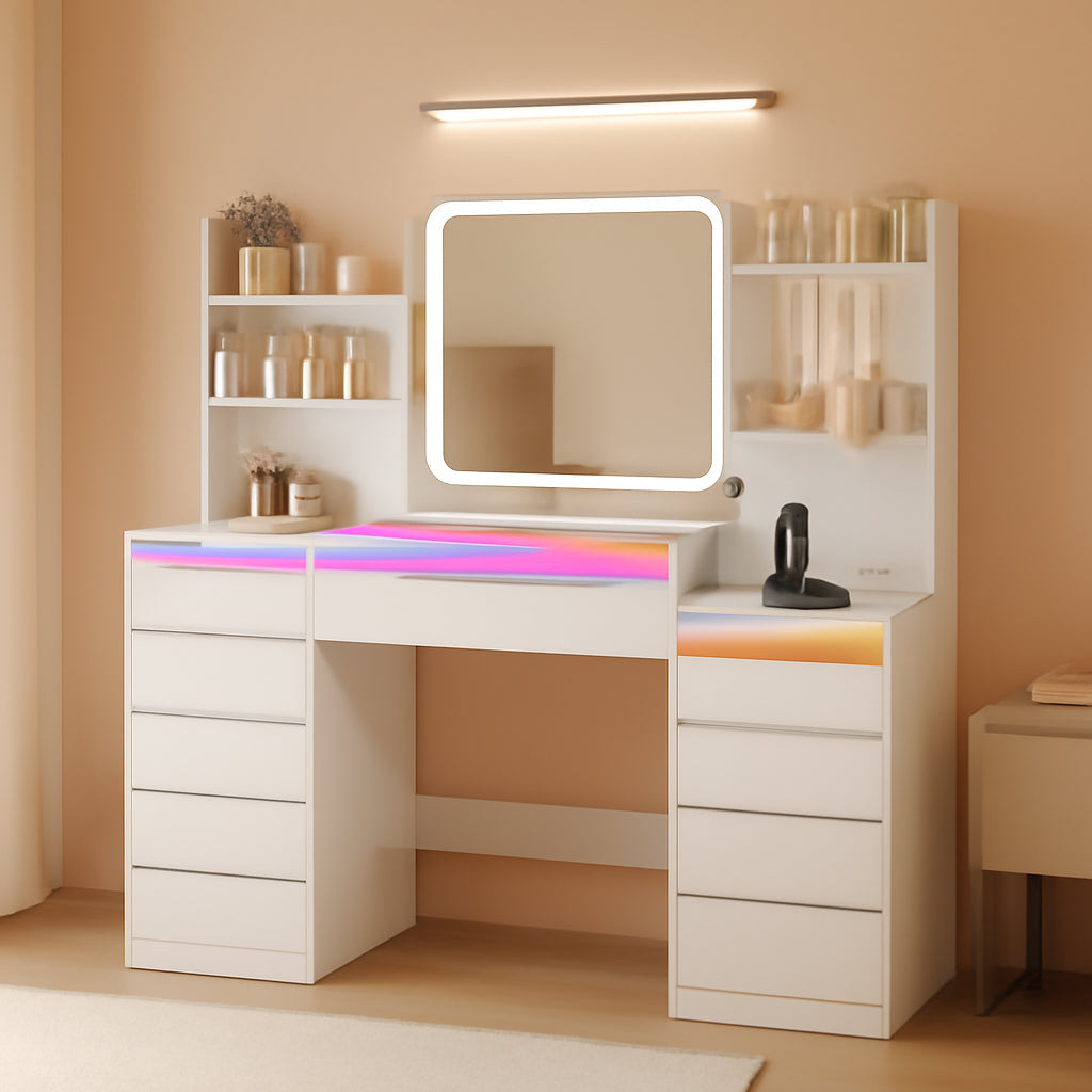 White Makeup Vanity With RGB Multicolor Illumination