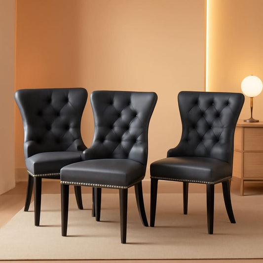 Leather Dining Chairs Set Of 4 Wingback Upholstered With Nailhead Trim Black
