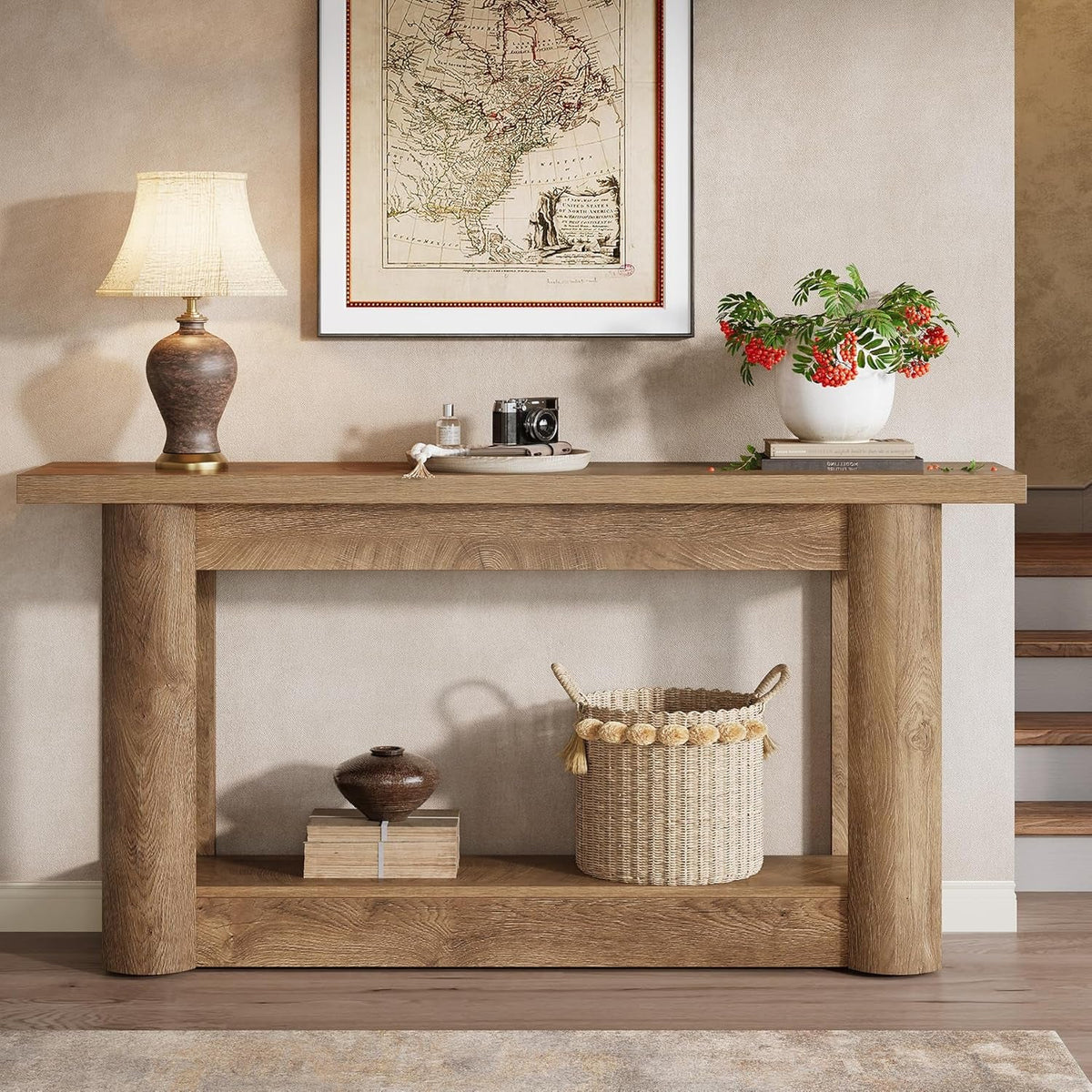 63-Inch Farmhouse Console Table, 2-Tier Storage Sofa Table behind the Couch