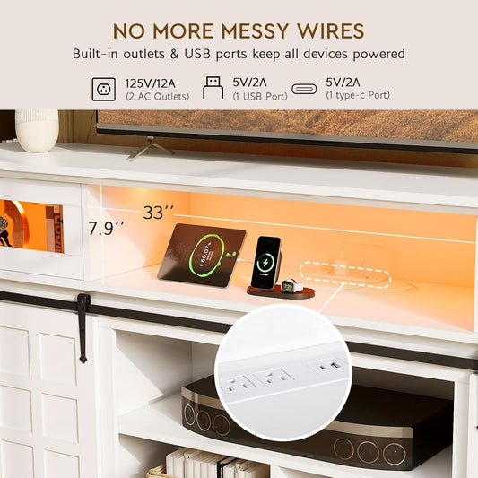70Inch LED TV Stand Farmhouse White USB-Power Outlets