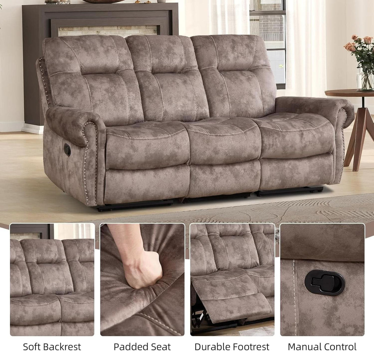 Manual Three Seat Reclining Upholstered Sofa Living Room