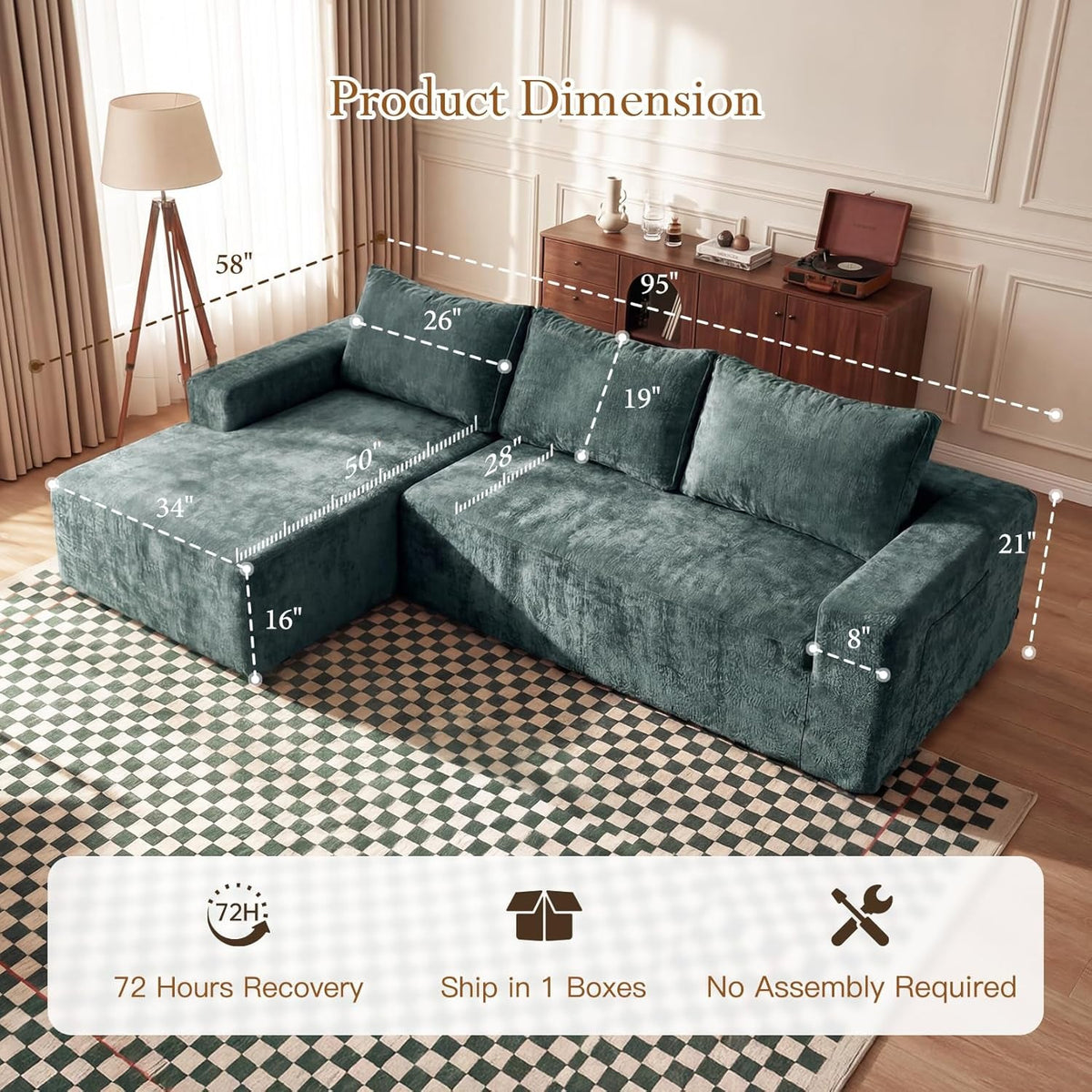 95 Inch Luxurious Sectional Sofa Memory Foam Cushions