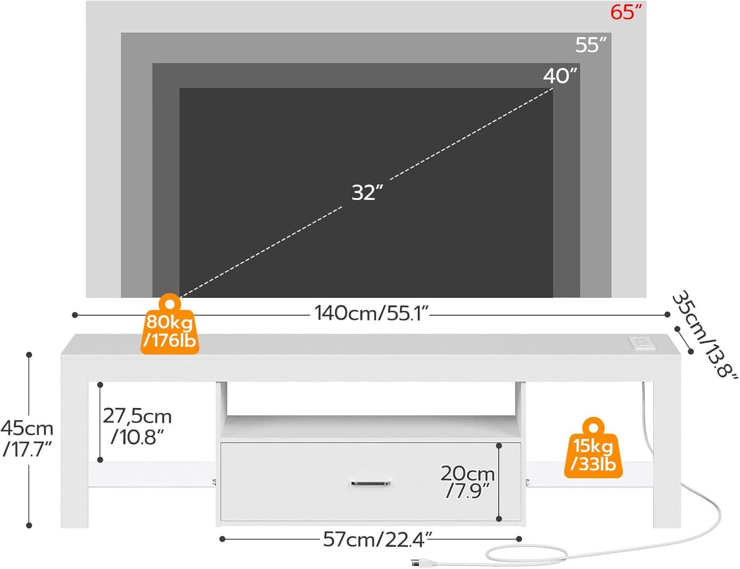 LED TV Stand Sixty Five Inch Premium White Outlets With Storage