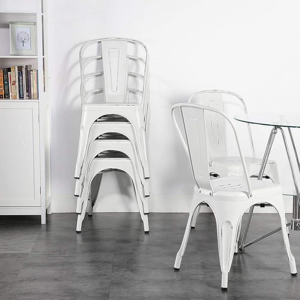 Stackable Distressed White Metal Dining Chairs For Indoor Outdoor Set Of 4