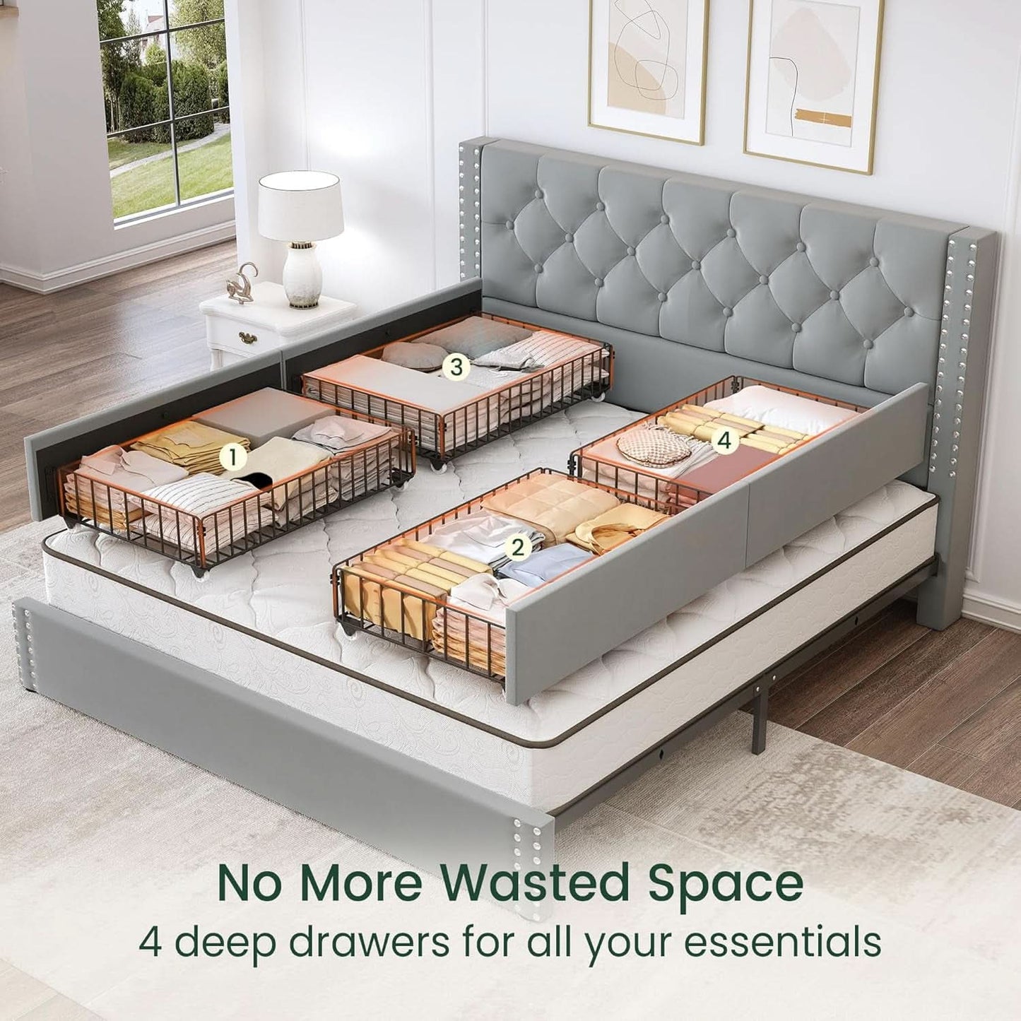 Queen Velvet Grey Upholstered Platform Bed Frame Storage