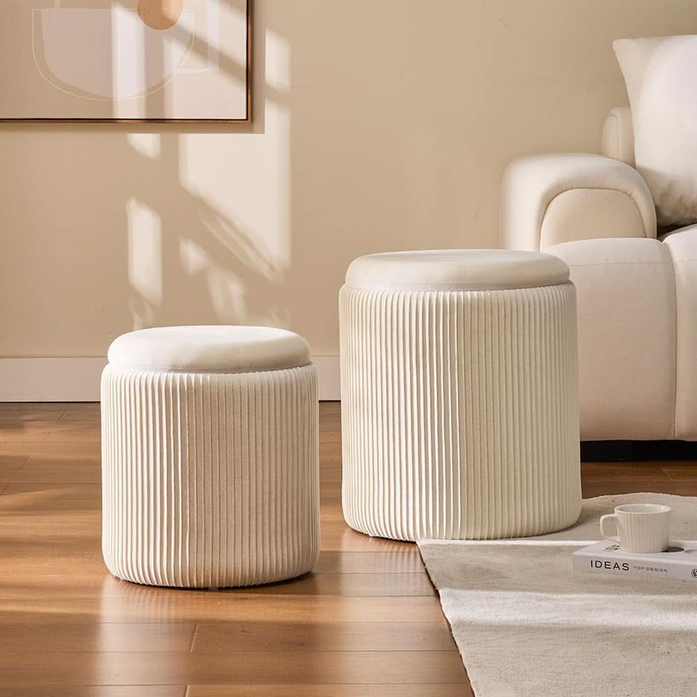 White Storage Ottoman Round Velvet Upholstered Set