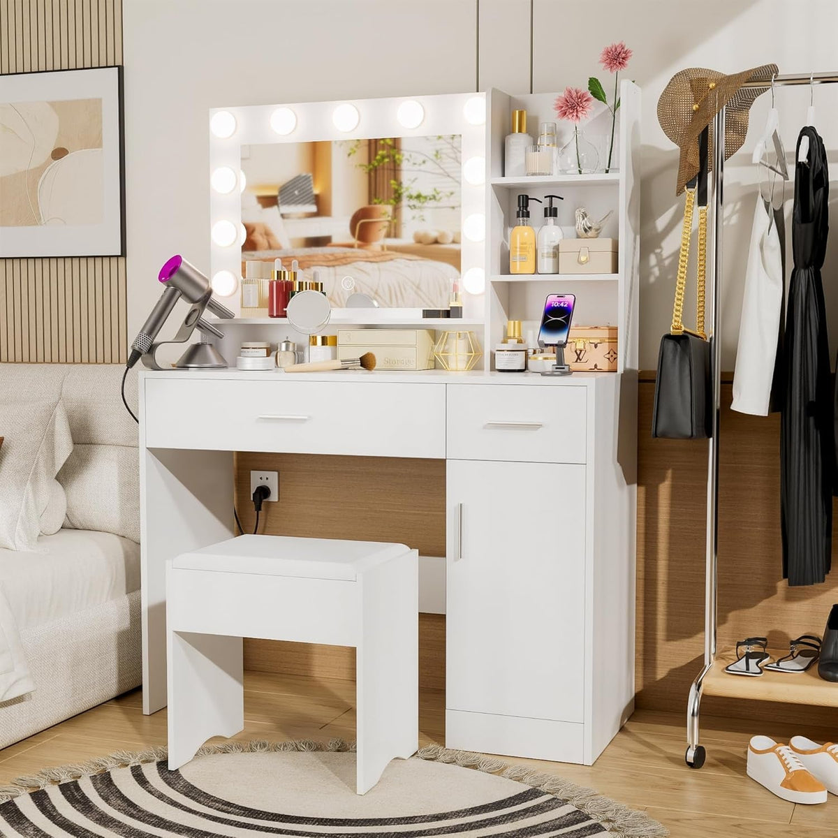 White Vanity Desk With Illuminated Cosmetics Storage