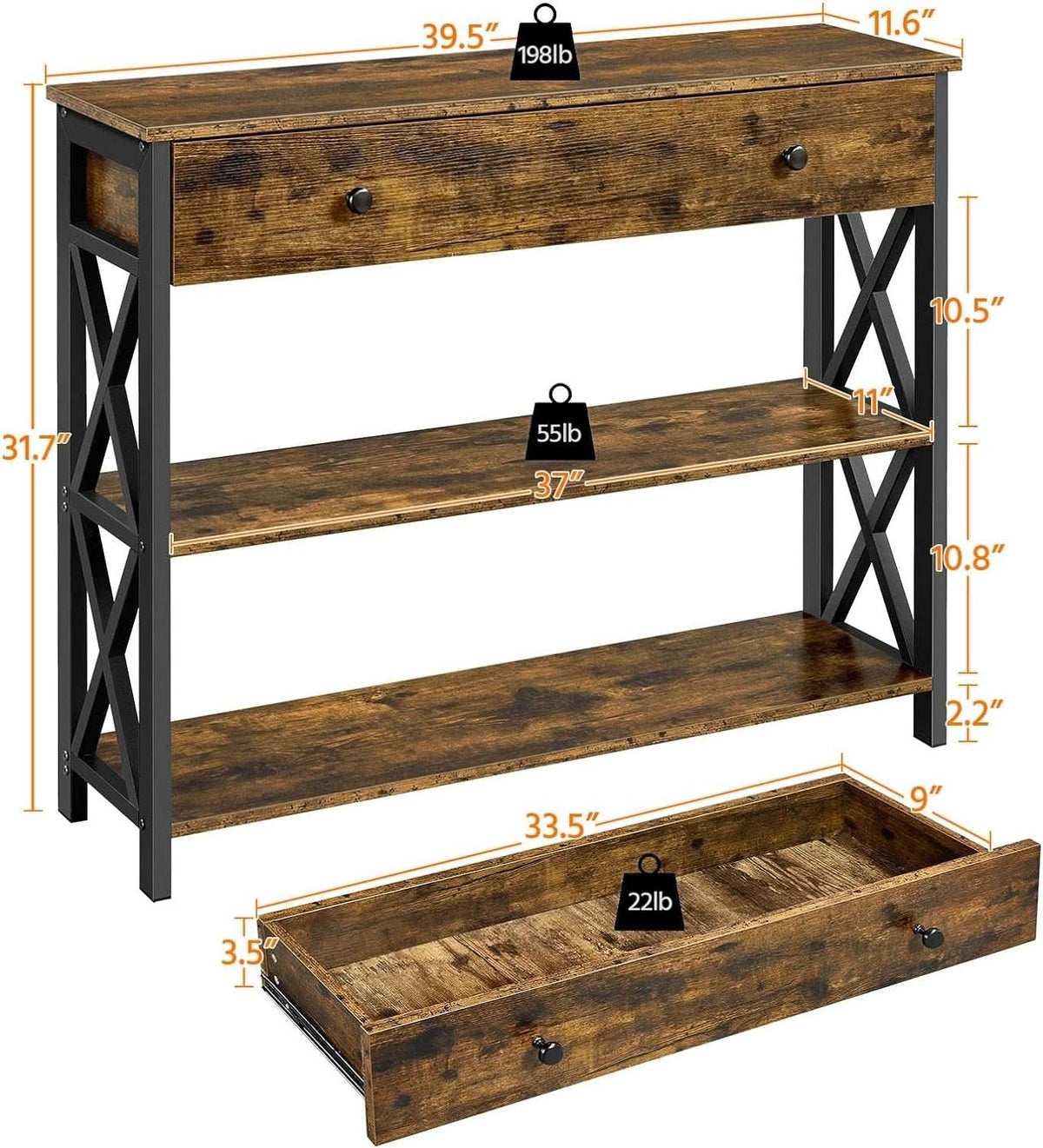 Rustic Brown TV Stand Entertainment Center 45 Inch Drawer