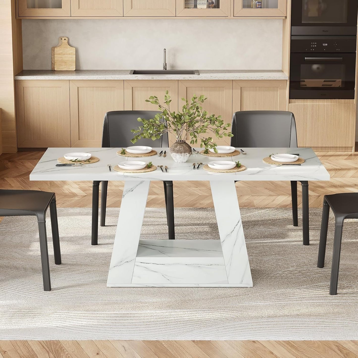 White Faux Marble Rectangular Dining Table Pedestal