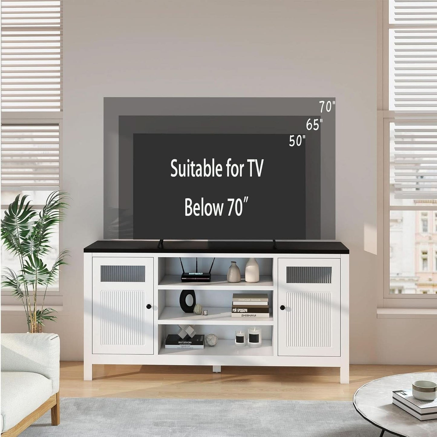 White TV Stand 63 Inch Modern Hidden Storage Console