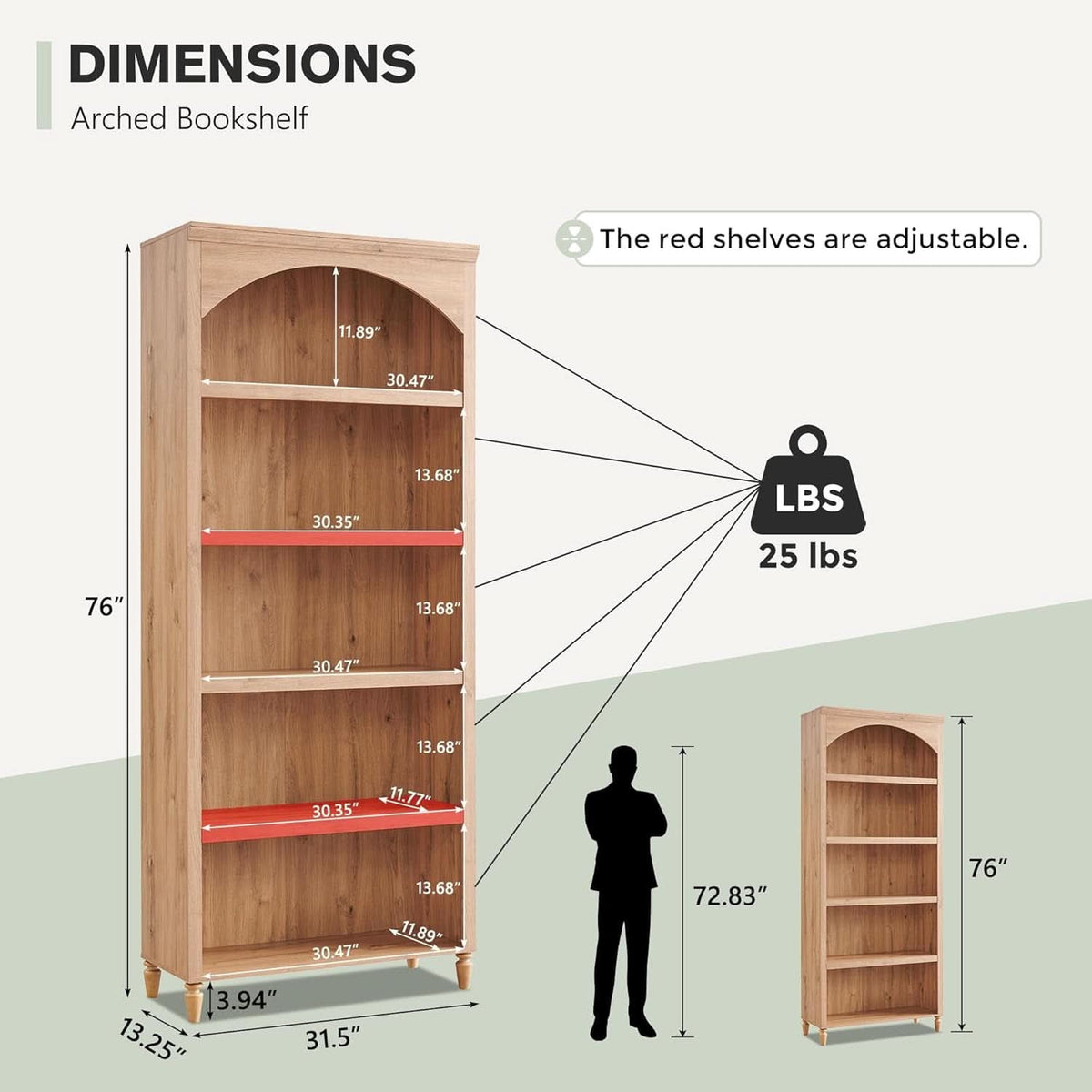 76 Inch Tall Arched Bookcase With Adjustable Shelves