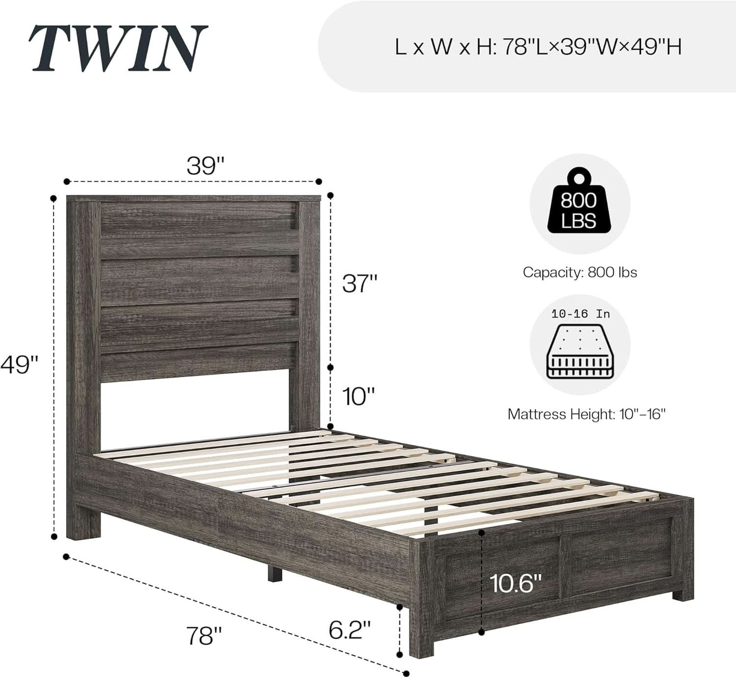Twin Platform Bed 49in Fluted Headboard Natural Grey