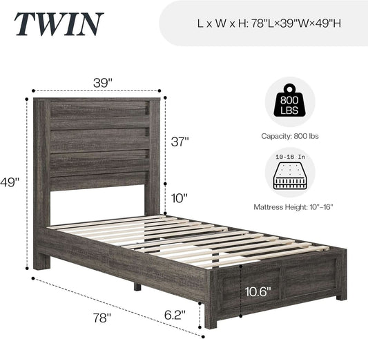 Twin Platform Bed 49in Fluted Headboard Natural Grey