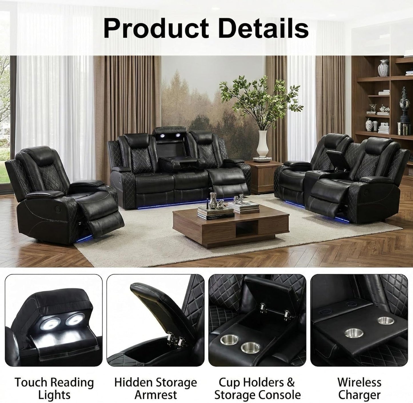 Black Luxurious Leather Power Reclining Sectional Sofa