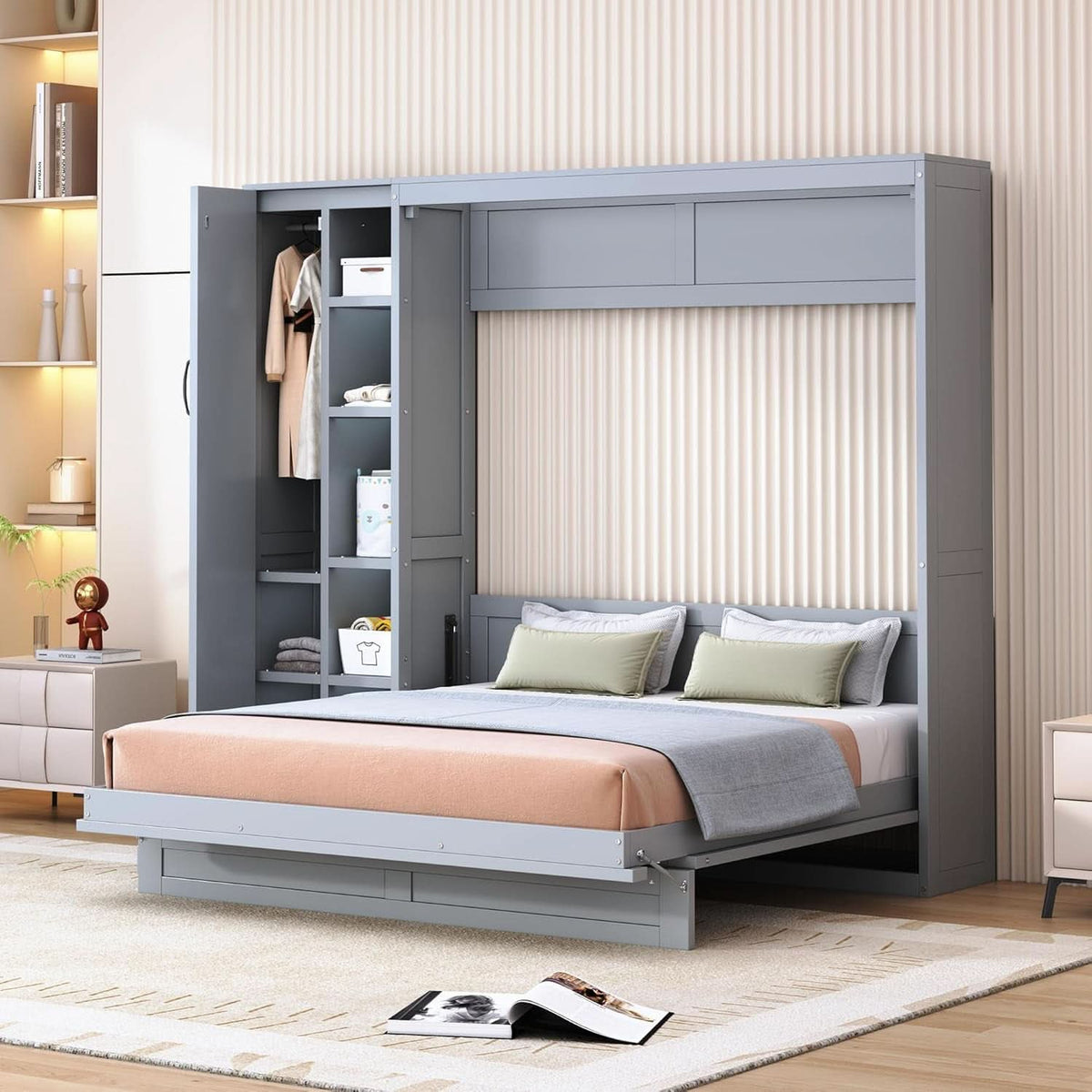 Gray Queen Murphy Bed Featuring Integrated Shelving-2
