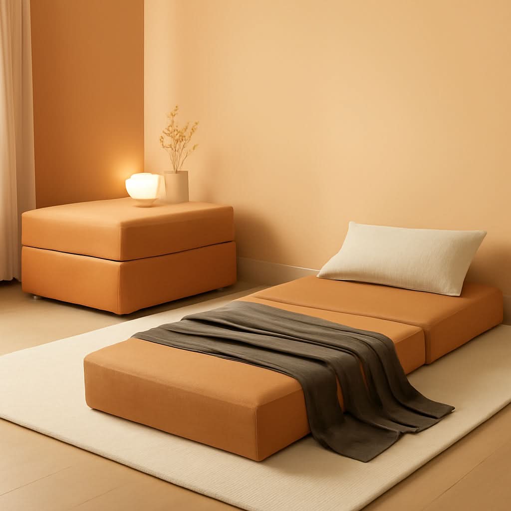 Modular Corduroy Fabric Ottoman Floor Sleeper Bed Orange