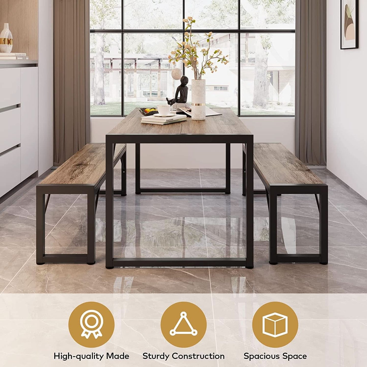Dining Table Set For 4 With 2 Benches Gray Finish Modern