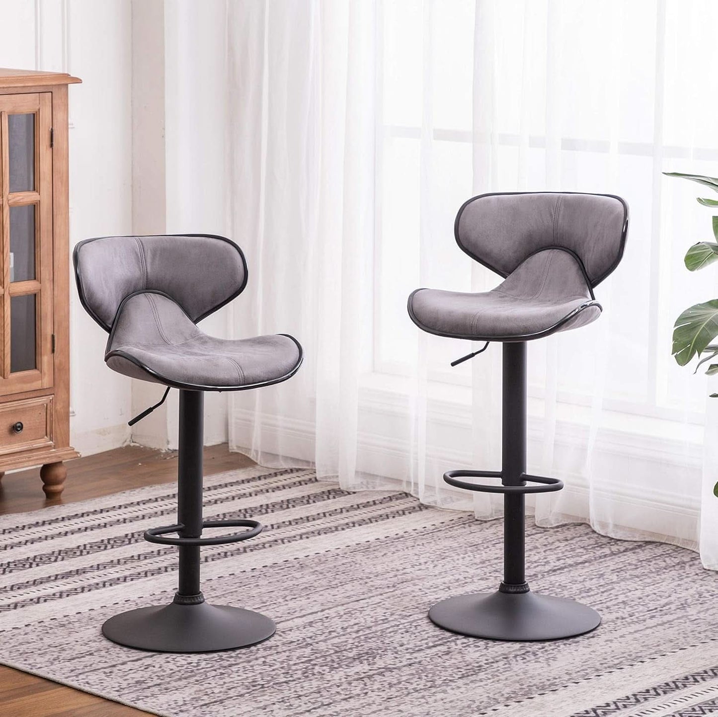 Weathered Gray Upholstery Adjustable Swivel Barstools Set