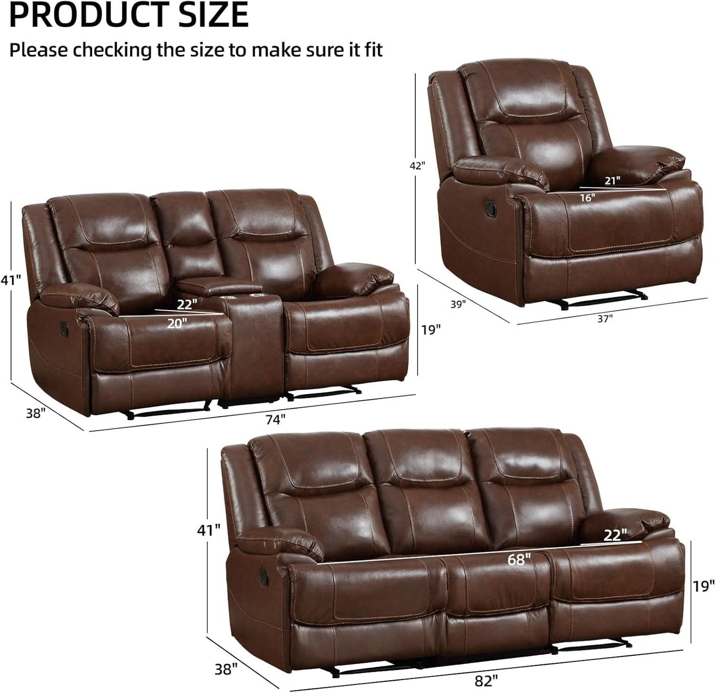 Manual Recliner Sofa Set Brown Living Room Collection