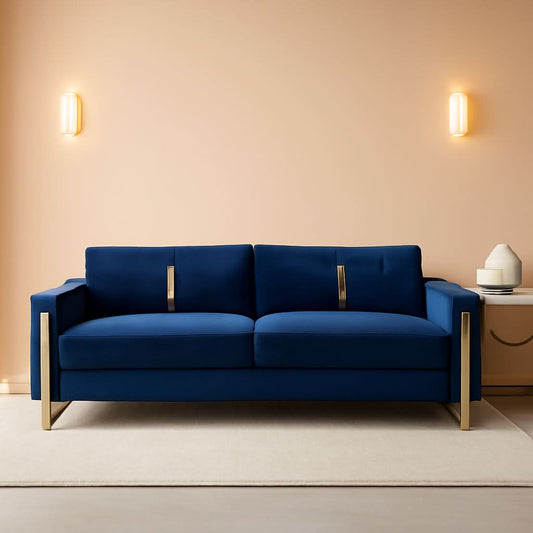 2 Piece Velvet Loveseat Sofa Set For Living Room 86 Inch Blue With Gold Metal Legs And 4 Pillows-0