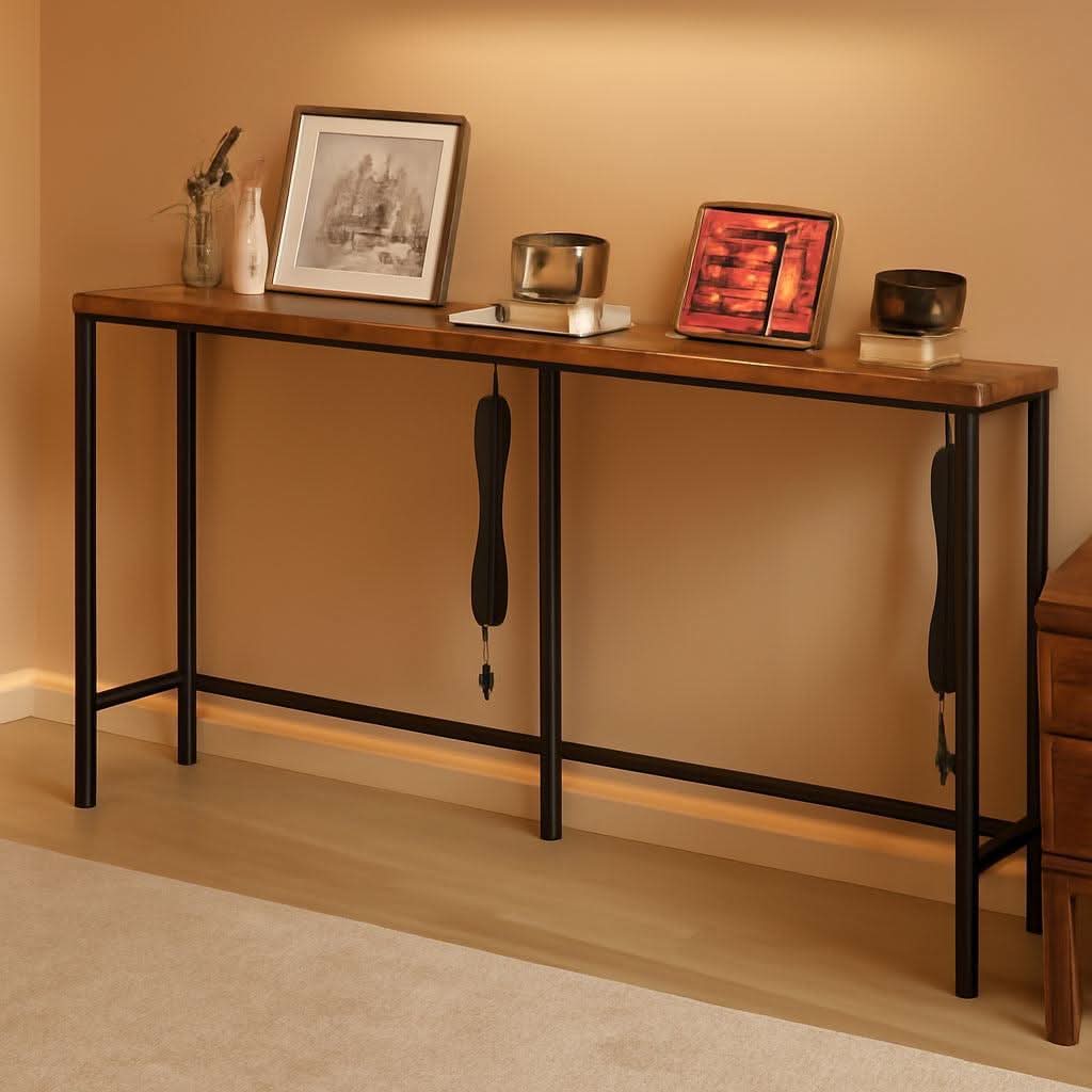 Ninety Inch RusticBrown Sofa Table With Power Strip