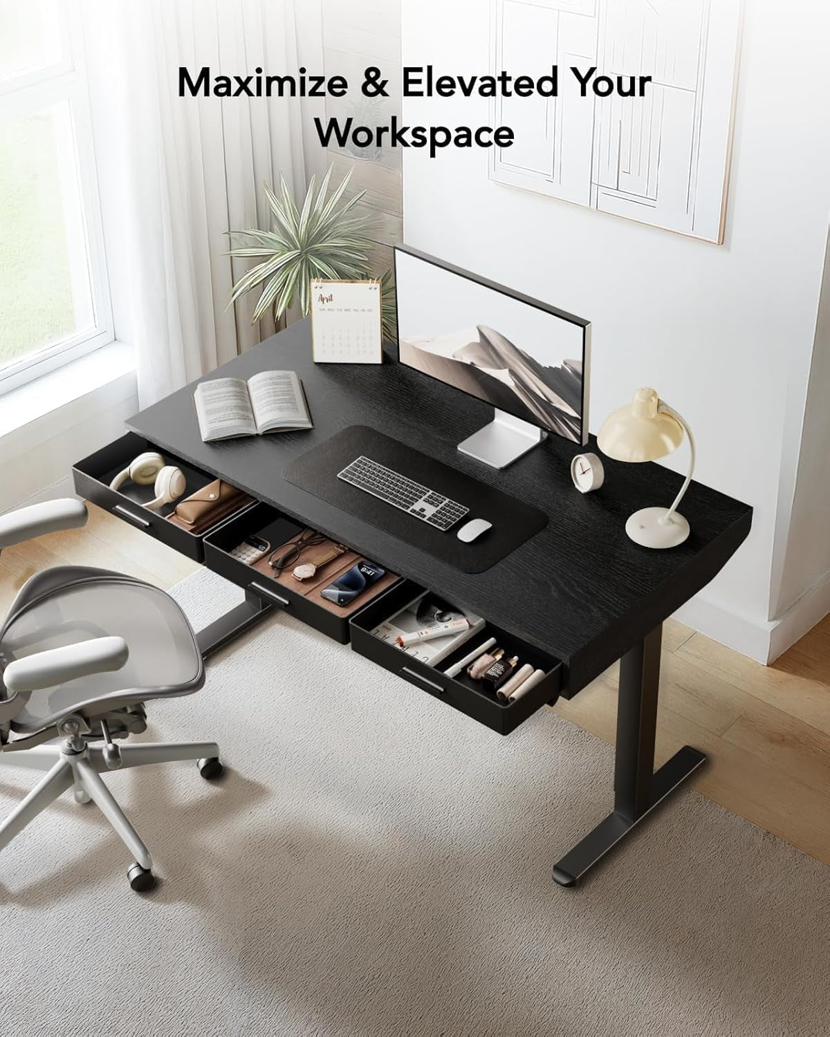 Electric Height Adjustable Desk Black 55x28 Inches