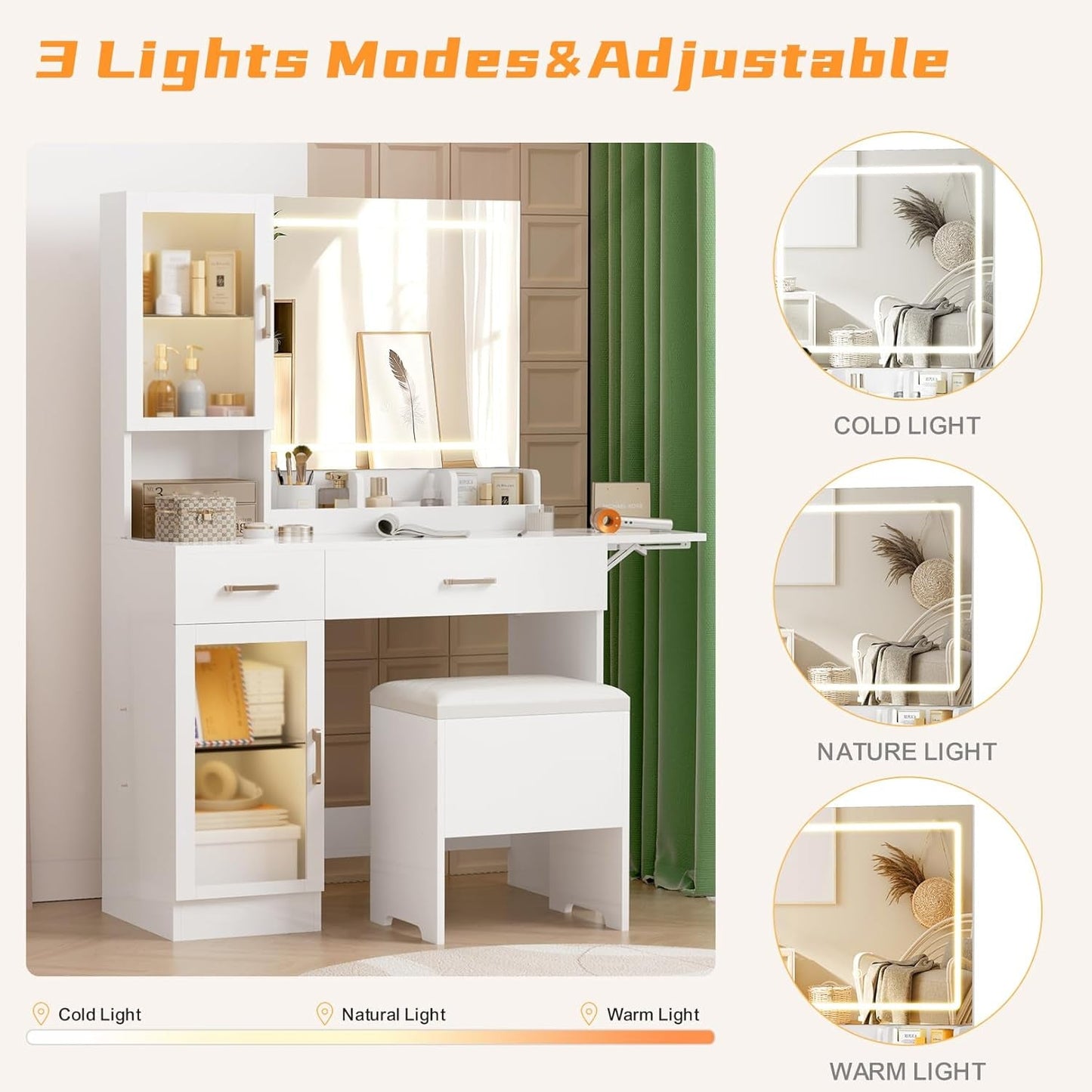 White Illuminated Makeup Vanity With Electrical Outlet