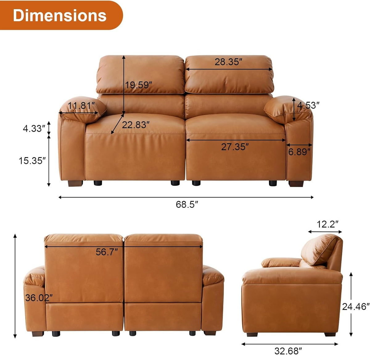 68 Inch PU Leather Loveseat Mid CenturyModern Brown